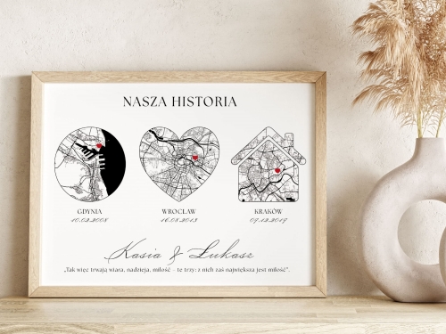 Personalizowany Plakat Mapa, Plakat do Sypialni, 3 Lokalizacje