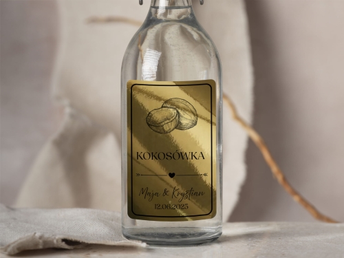 Złota Folia Naklejki na alkohol weselny- Kokosówka, Etykieta na Nalewkę