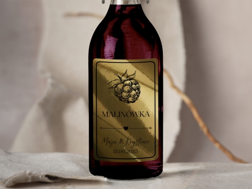 Złota Folia Naklejki na alkohol weselny- Malinówka, Etykieta na Nalewkę