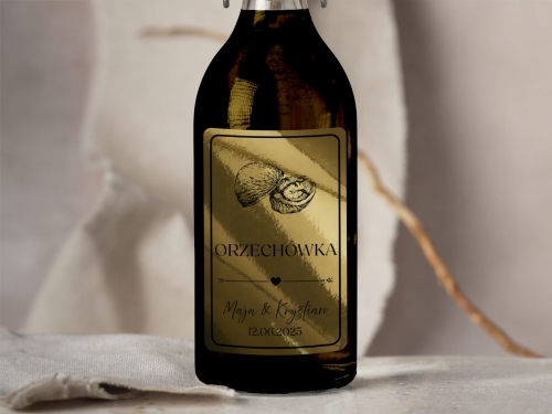 Złota Folia Naklejki na alkohol weselny- Orzechówka, Etykieta na Nalewkę