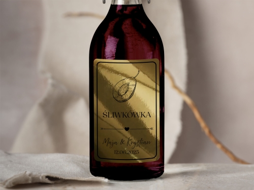 Złota Folia Naklejki na alkohol weselny- Śliwkówka, Etykieta na Nalewkę