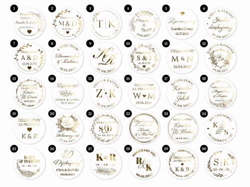 Złocone Naklejki ślubne Dziękujemy ślub wesele, RÓŻNE WZORY, Naklejki Metalizowane