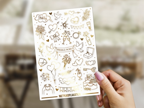 Złocone naklejki ślubne – dekoracyjne dodatki na wesele, złocone naklejki do księgi gości, RÓŻNE WZORY