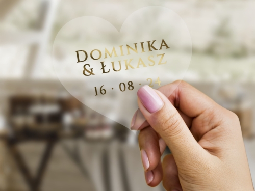Złote naklejki ślubne serce – imiona i data na przezroczystej folii