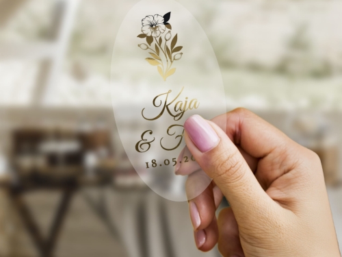 Etykiety elipsa do ślubu – personalizacja w złocie na folii premium