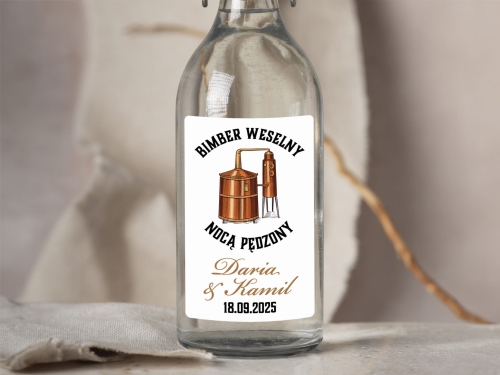 Naklejki weselne na domowy bimber – imiona, data i grafika
