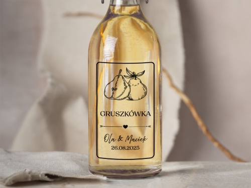 Naklejki na alkohol weselny- Gruszkówka, Gruszka. Etykieta na Nalewkę