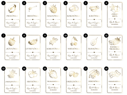 Złocone Etykiety Weselne, Etykiety na Nalewki i Bimber – zestaw od 50 szt. (min. 10 szt. na wzór)