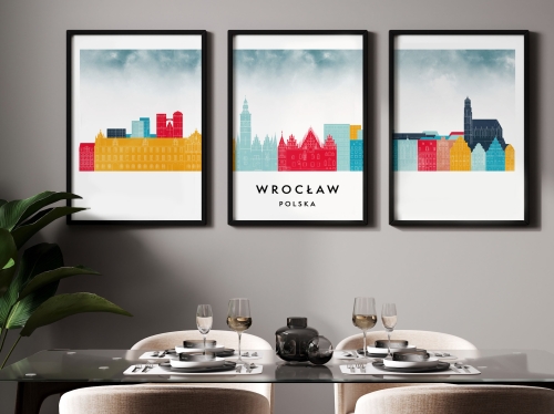 Plakat skylines TRYPTYK Wrocław, zestaw 3 plakatów w stylu Watercolor/ Akwarelowym 