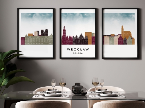 Plakat skylines TRYPTYK Wrocław, zestaw 3 plakatów w stylu Watercolor/ Akwarelowym 