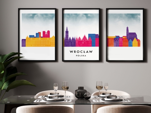 Plakat skylines TRYPTYK Wrocław, zestaw 3 plakatów w stylu Watercolor/ Akwarelowym 