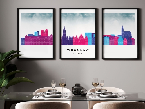 Plakat skylines TRYPTYK Wrocław, zestaw 3 plakatów w stylu Watercolor/ Akwarelowym 