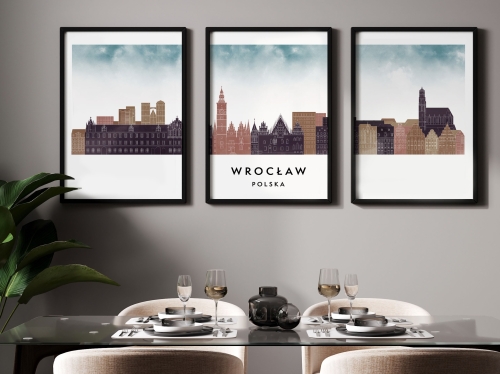 Plakat skylines TRYPTYK Wrocław, zestaw 3 plakatów w stylu Watercolor/ Akwarelowym 