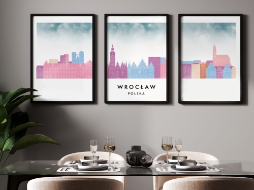 Plakat skylines TRYPTYK Wrocław, zestaw 3 plakatów w stylu Watercolor/ Akwarelowym