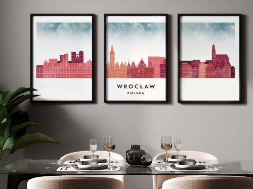 Plakat skylines TRYPTYK Wrocław, zestaw 3 plakatów w stylu Watercolor/ Akwarelowym