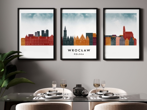 Plakat skylines TRYPTYK Wrocław, zestaw 3 plakatów w stylu Watercolor/ Akwarelowym