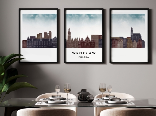 Plakat skylines TRYPTYK Wrocław, zestaw 3 plakatów w stylu Watercolor/ Akwarelowym