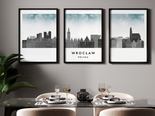 Plakat skylines TRYPTYK Wrocław, zestaw 3 plakatów w stylu Watercolor/ Akwarelowym
