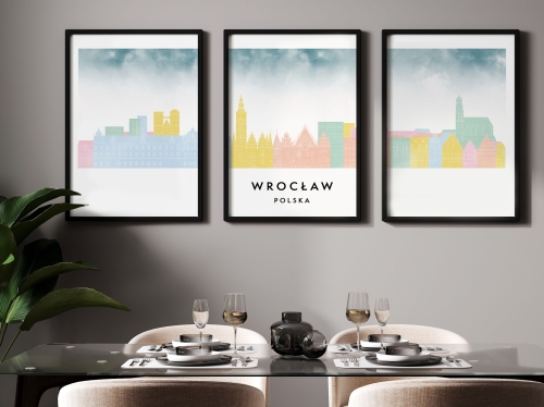 Plakat skylines TRYPTYK Wrocław, zestaw 3 plakatów w stylu Watercolor/ Akwarelowym