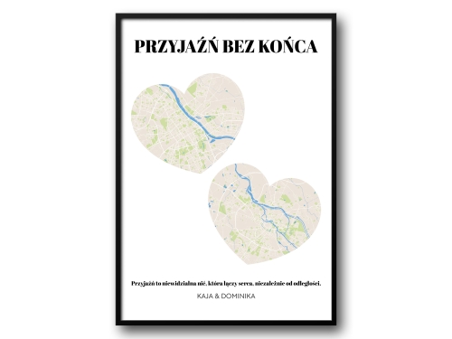 Mapa przyjaźni – personalizowany plakat z dwoma sercami