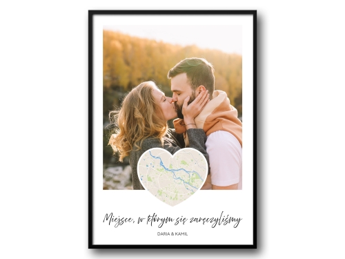 Plakat personalizowany ze zdjęciem i mapą w kształcie serca