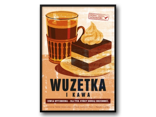 Wuzetka i Kawa – Plakat PRL / Retro Ilustracja Kultowego Zestawu Kawiarnianego