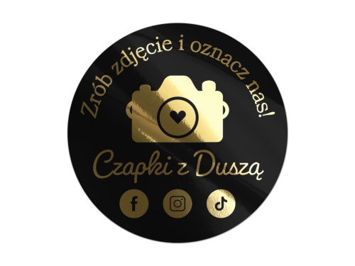 Naklejki Marketingowe Social Media "Zrób Zdjęcie i Oznacz Nas!" złocone na czarnej folii