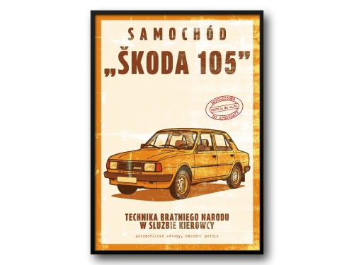 Škoda 105 – Plakat PRL / Vintage Ilustracja Klasycznego Auta