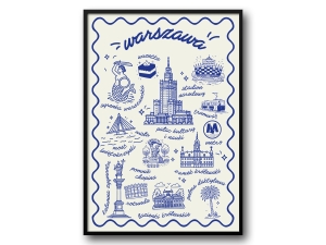 Warszawa – Ilustrowany Plakat z Ikonami Miasta (Wersja Granatowa)