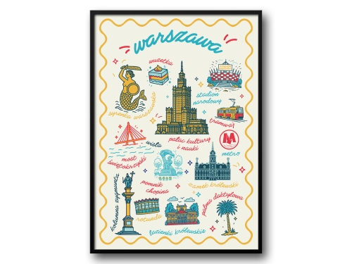 Warszawa – Ilustrowany Plakat z Ikonami Miasta (Wersja Kolorowa)
