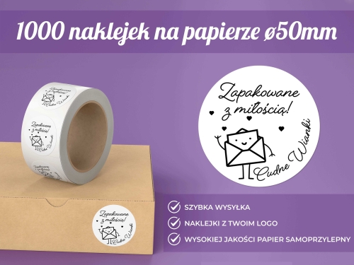 1000 naklejek na papierze średnica 50 mm – czarny nadruk | Personalizowane naklejki z Twoim logo