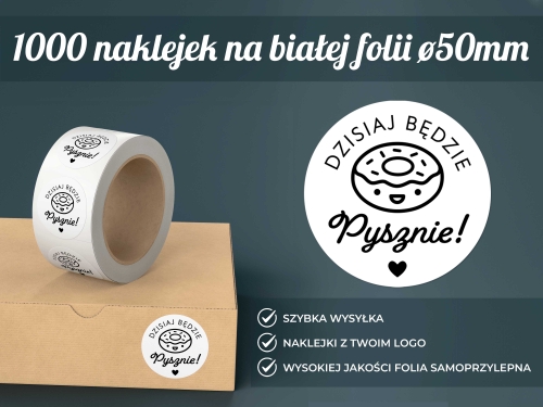 1000 naklejek na białej folii średnica 50 mm – czarny nadruk | Personalizowane naklejki z Twoim logo
