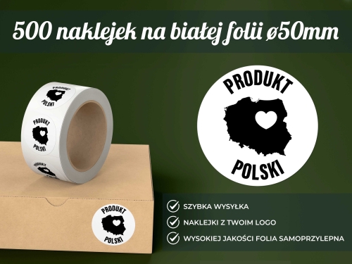 500 naklejek na białej folii średnica 50 mm – czarny nadruk | Personalizowane naklejki z Twoim logo 