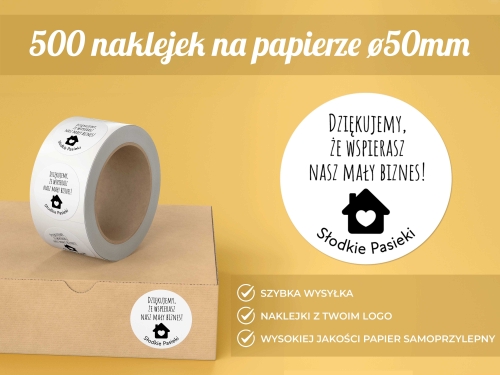 500 naklejek na papierze średnica 50 mm – czarny nadruk | Personalizowane naklejki z Twoim logo 