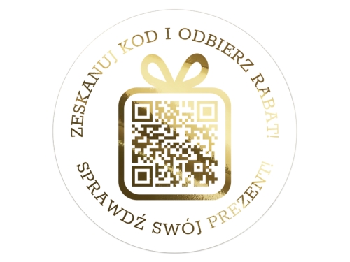 Złocone Naklejki okrągłe z kodem QR – folia biała lub przezroczysta, personalizowane naklejki