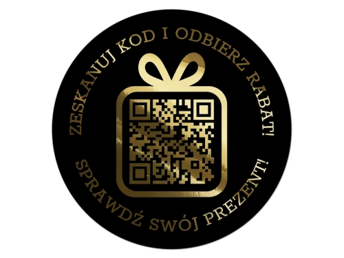 Złocone Naklejki okrągłe z kodem QR i własnym tekstem– Czarna Folia