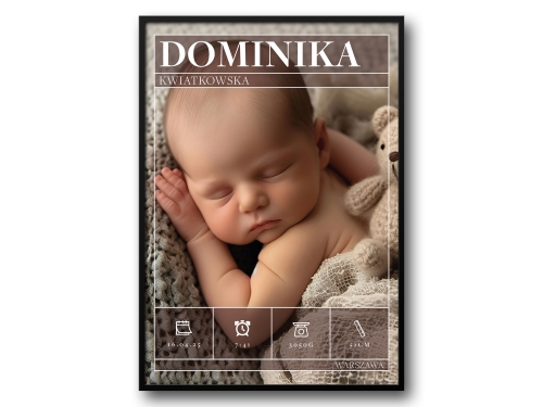 Metryczka z fotografią dziecka – elegancki plakat pamiątkowy