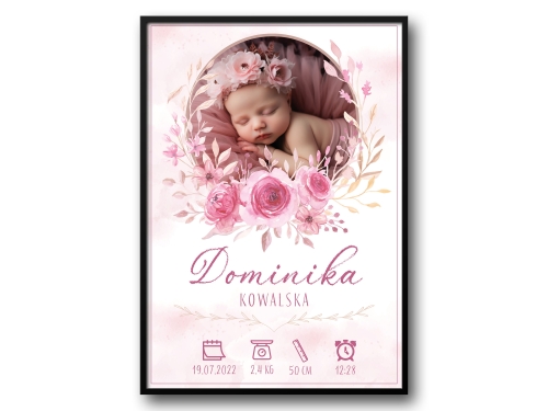 Metryczka ze zdjęciem dziecka – personalizowany plakat z danymi urodzenia