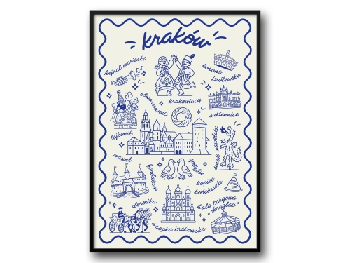 Kraków – Ilustrowany Plakat z Ikonami Miasta (Wersja Granatowa)