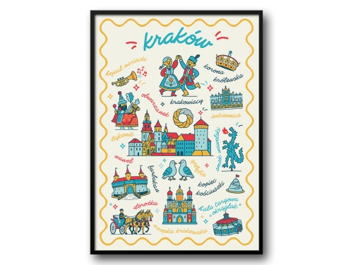 Kraków – Ilustrowany Plakat z Ikonami Miasta (Wersja Kolorowa)