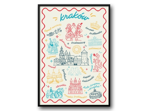 Kraków – Ilustrowany Plakat z Ikonami Miasta (Wersja Czerwono-Turkusowa)