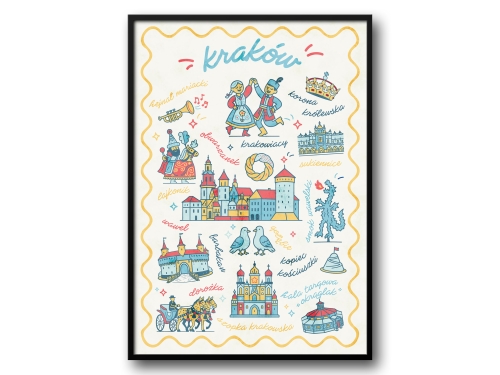 Kraków – Ilustrowany Plakat z Ikonami Miasta (Wersja Żółto-Turkusowa)