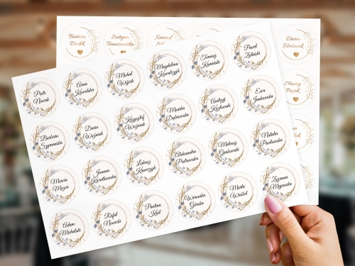 Naklejki winietki personalizowane – imiona gości lub dowolny tekst, RÓŻNE WZORY