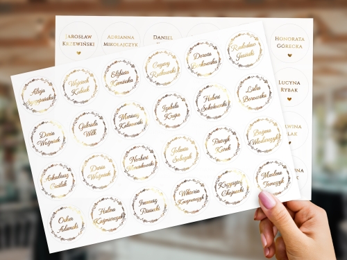 Złocone naklejki winietki personalizowane, folia przezroczysta lub biała
