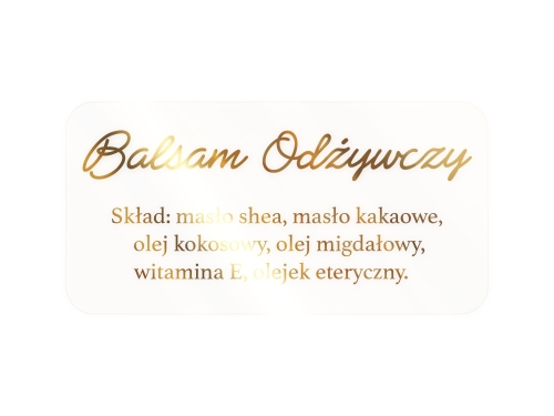 Złocone naklejki produktowe z Twoim tekstem, skład, alergeny, instrukcje na opakowania