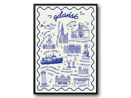 Gdańsk – Ilustrowany Plakat z Ikonami Miasta (Wersja Granatowa)
