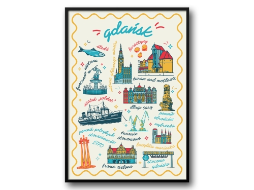 Gdańsk – Ilustrowany Plakat z Ikonami Miasta (Wersja Kolorowa)