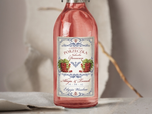 Naklejki na alkohol na wesele Czerwona Porzeczka, naklejki na Czerwoną Porzeczkę, personalizowane etykiety vintage z imionami i datą