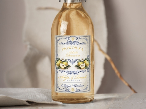 Naklejki na alkohol na wesele Pigwówka, naklejki na Pigwówkę, personalizowane etykiety vintage z imionami i datą