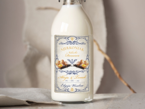 Naklejki na alkohol na wesele Ajerkoniak, naklejki na Ajerkoniak, personalizowane etykiety vintage z imionami i datą